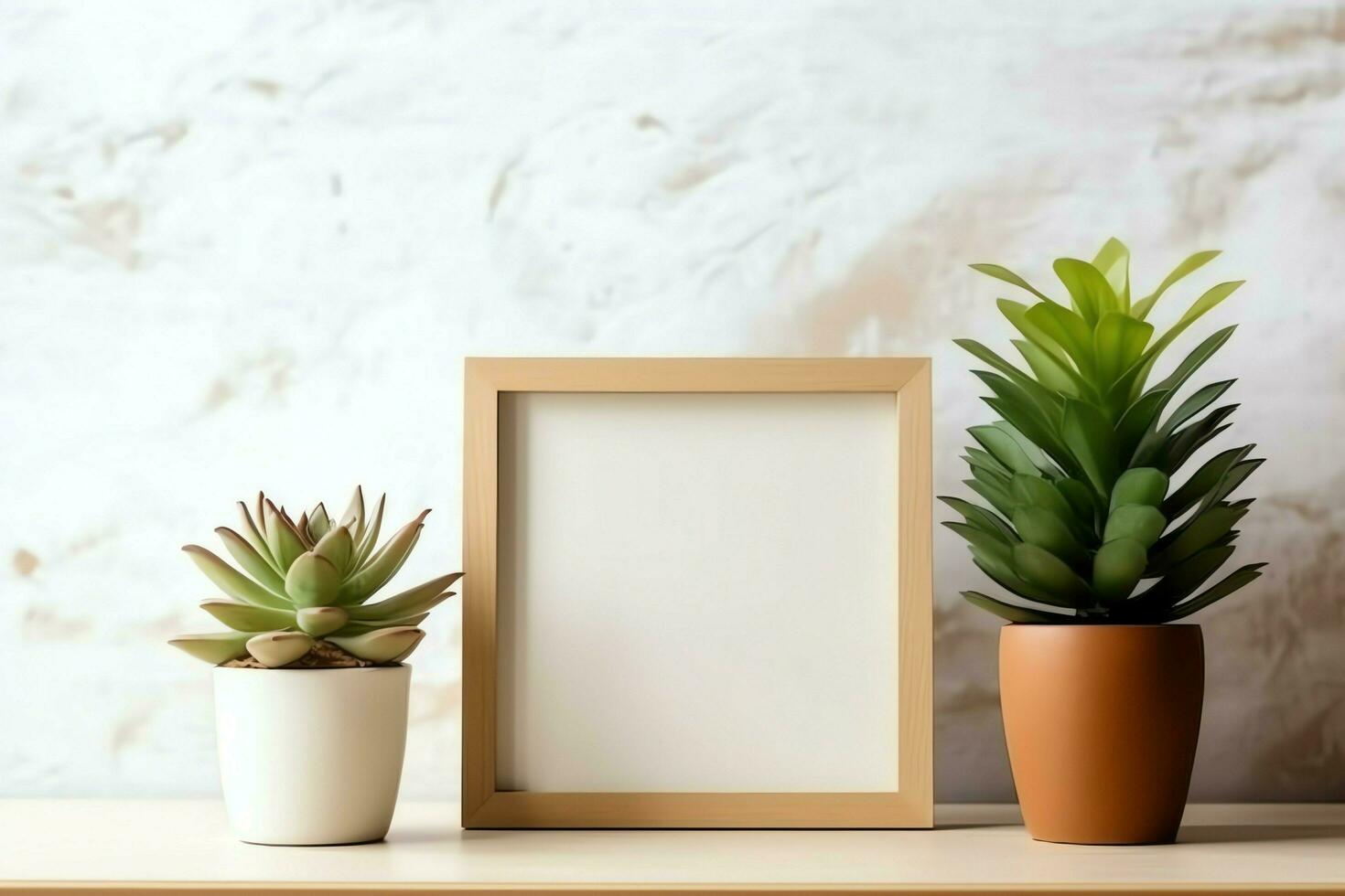 marco burlarse de arriba de blanco imagen en pie en un estante con suculento planta o cactus en escandinavo concepto por ai generado foto