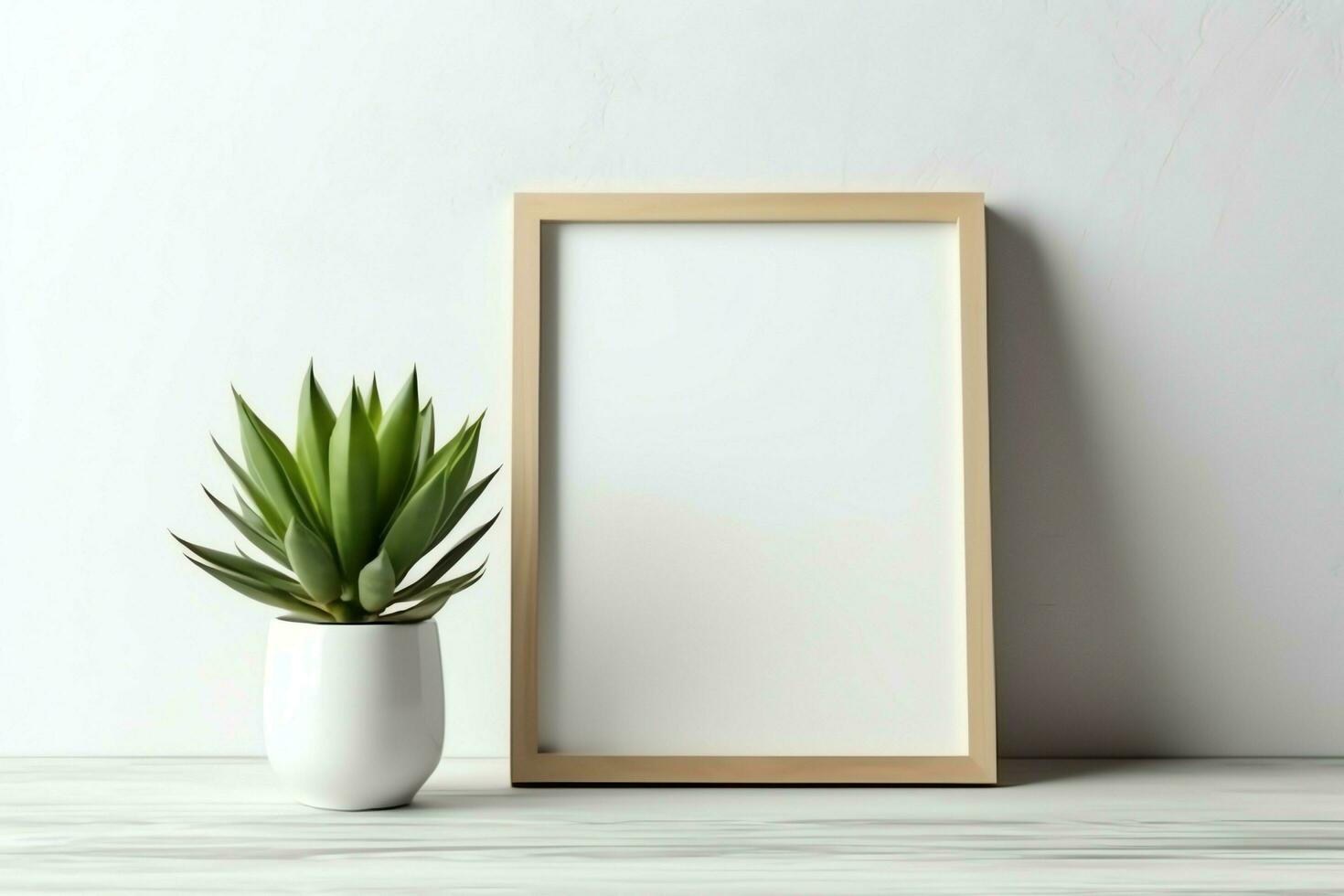 Frame mock up of blank picture standing on a shelf with succulent plant or cactus in scandinavian concept by AI Generated photo