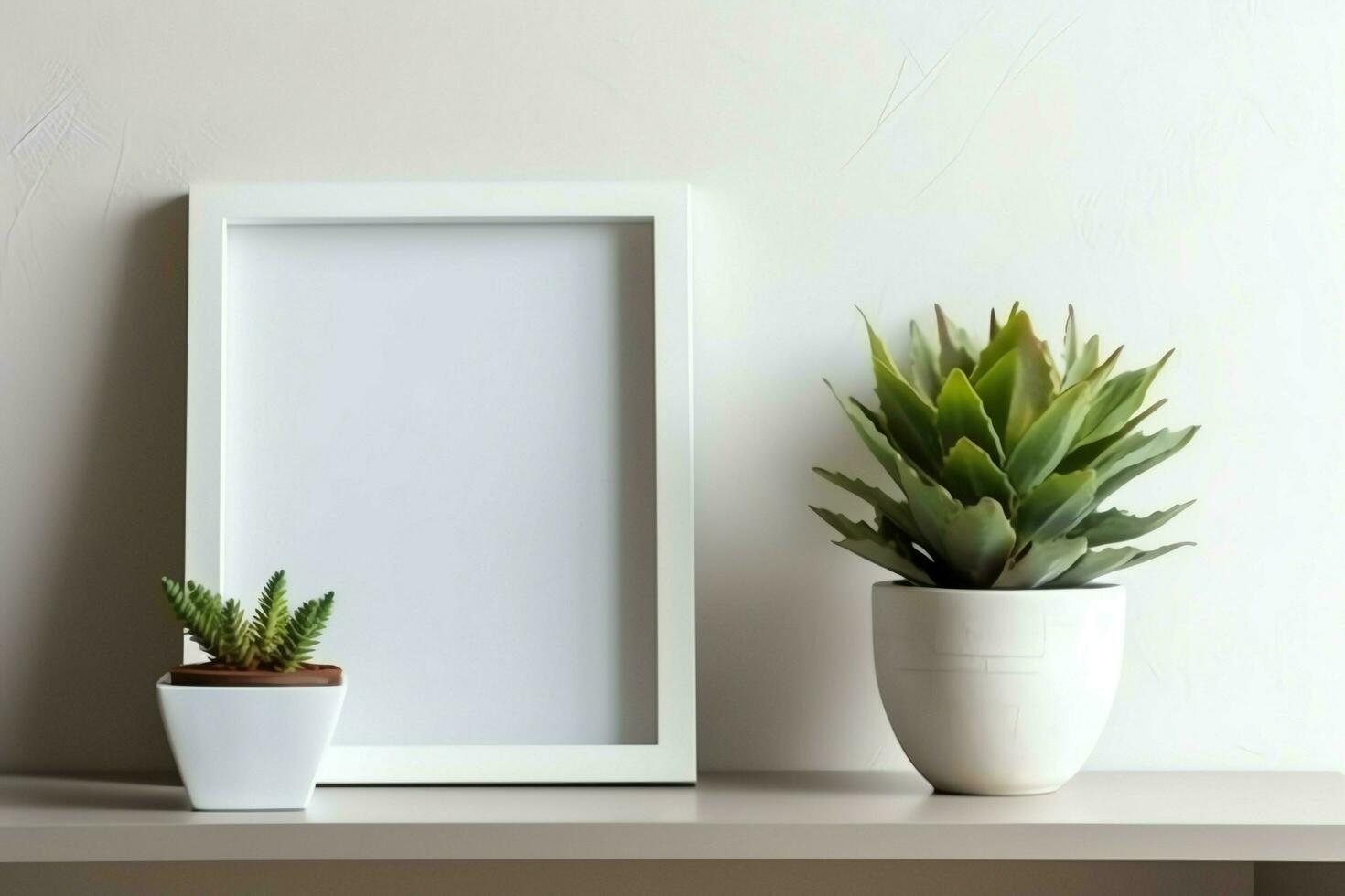 Frame mock up of blank picture standing on a shelf with succulent plant or cactus in scandinavian concept by AI Generated photo