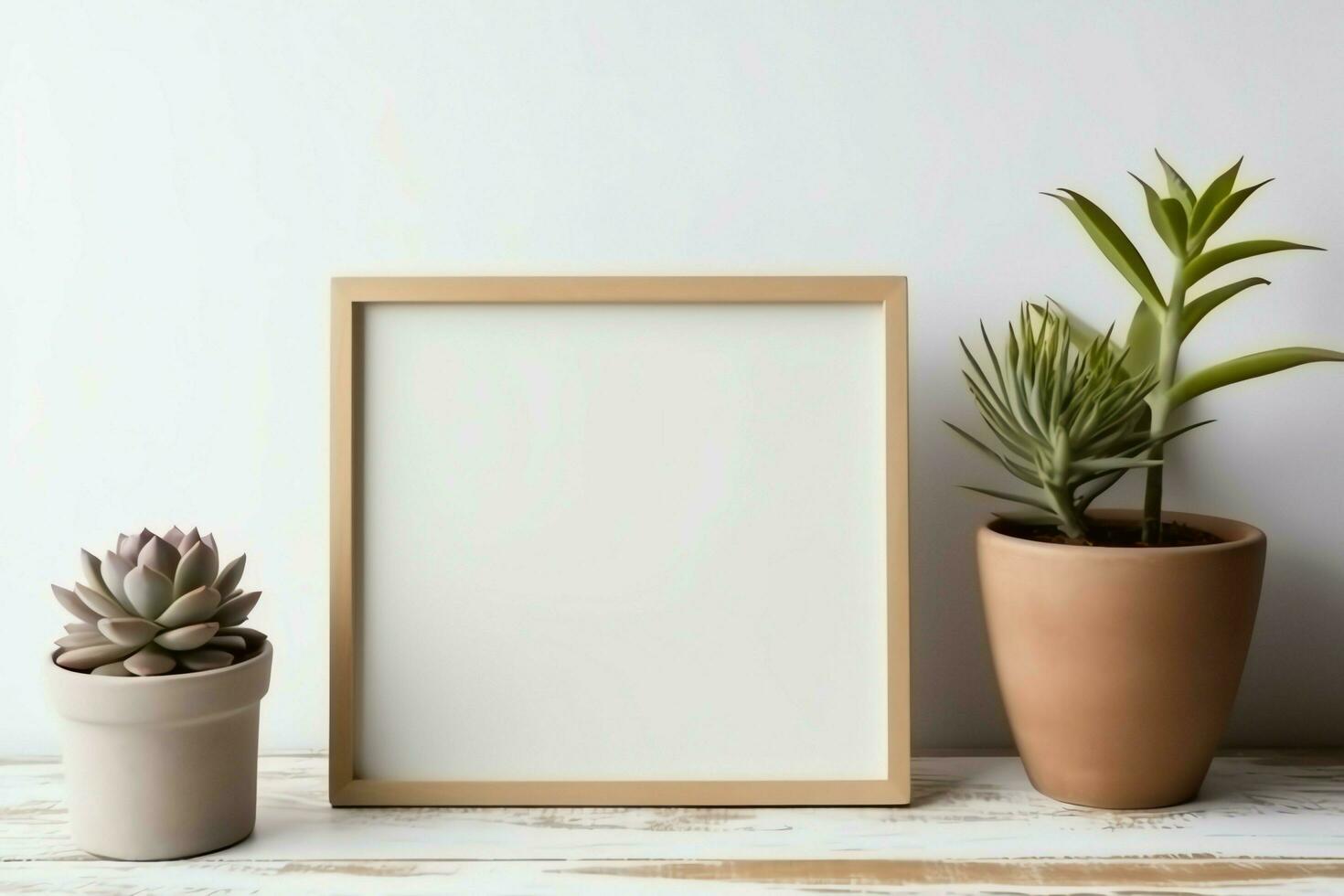 Frame mock up of blank picture standing on a shelf with succulent plant or cactus in scandinavian concept by AI Generated photo