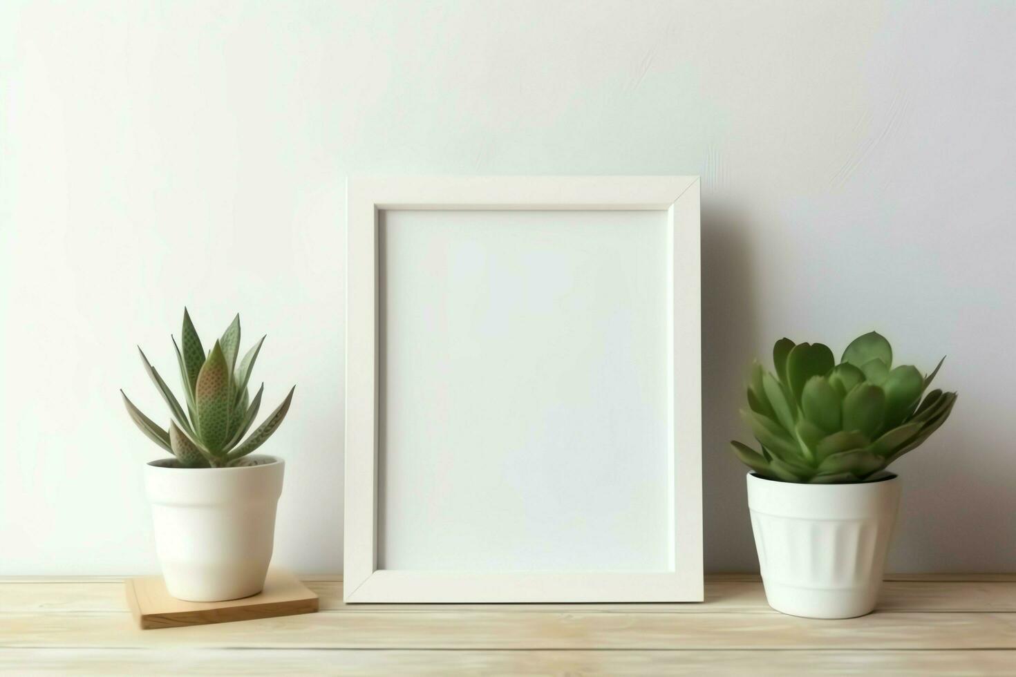 Frame mock up of blank picture standing on a shelf with succulent plant or cactus in scandinavian concept by AI Generated photo