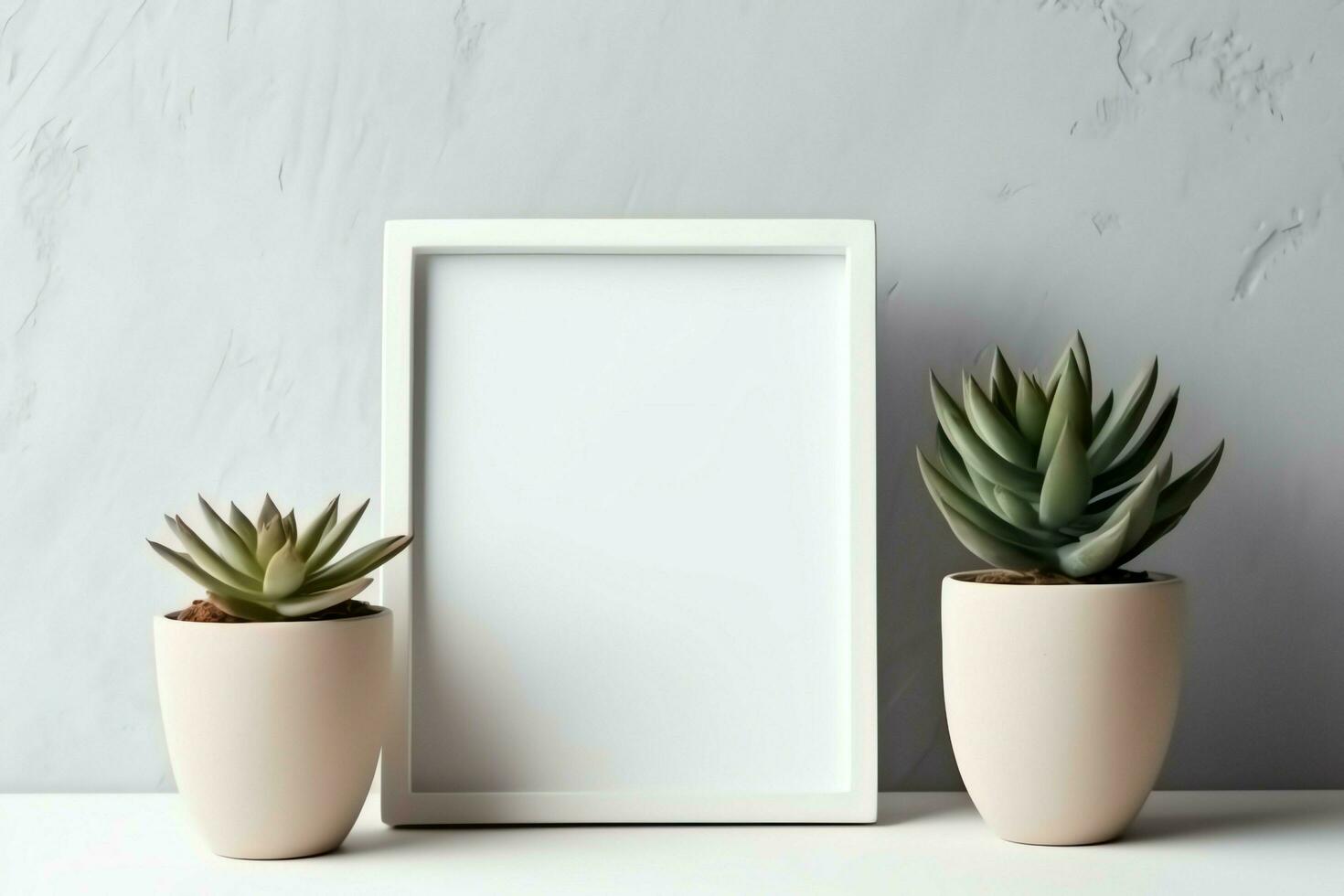 Frame mock up of blank picture standing on a shelf with succulent plant or cactus in scandinavian concept by AI Generated photo