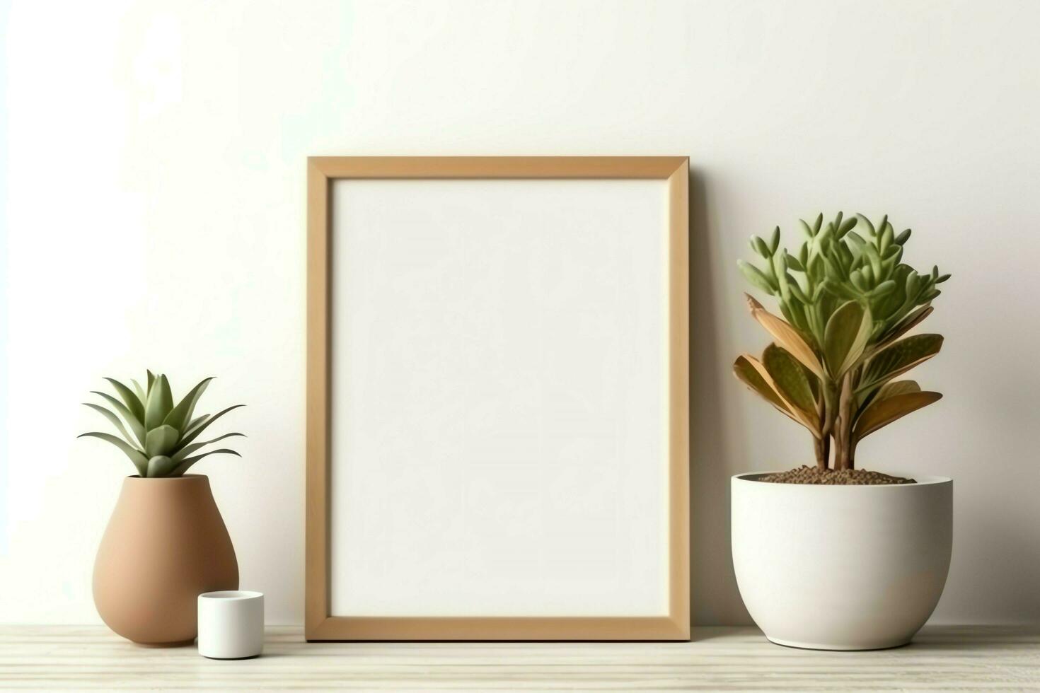 Frame mock up of blank picture standing on a shelf with succulent plant or cactus in scandinavian concept by AI Generated photo