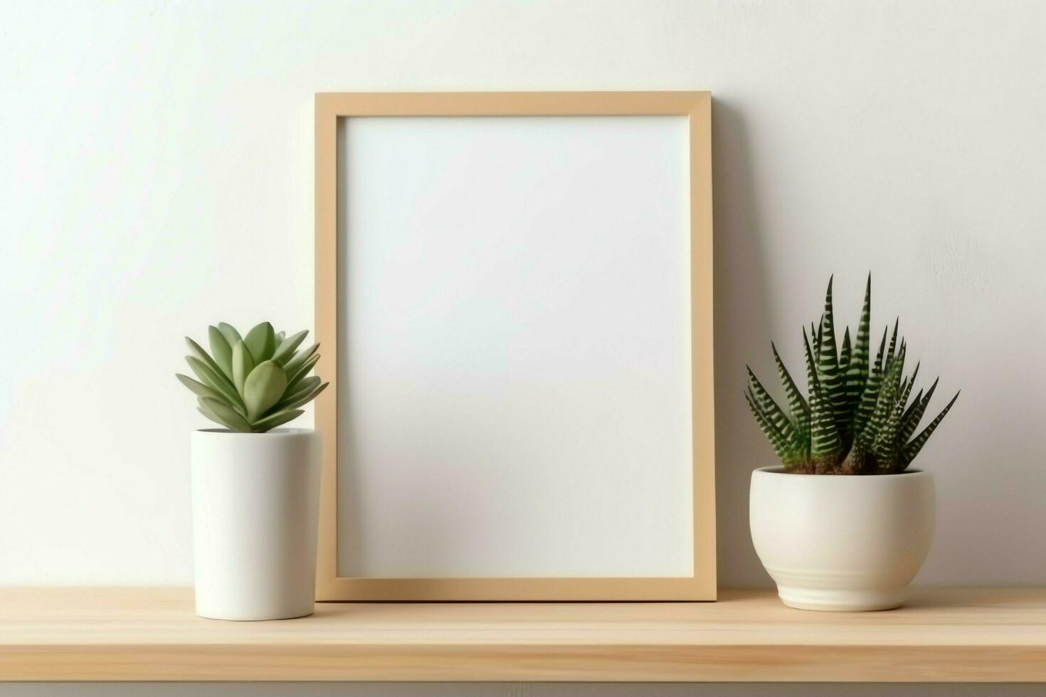 Frame mock up of blank picture standing on a shelf with succulent plant or cactus in scandinavian concept by AI Generated photo