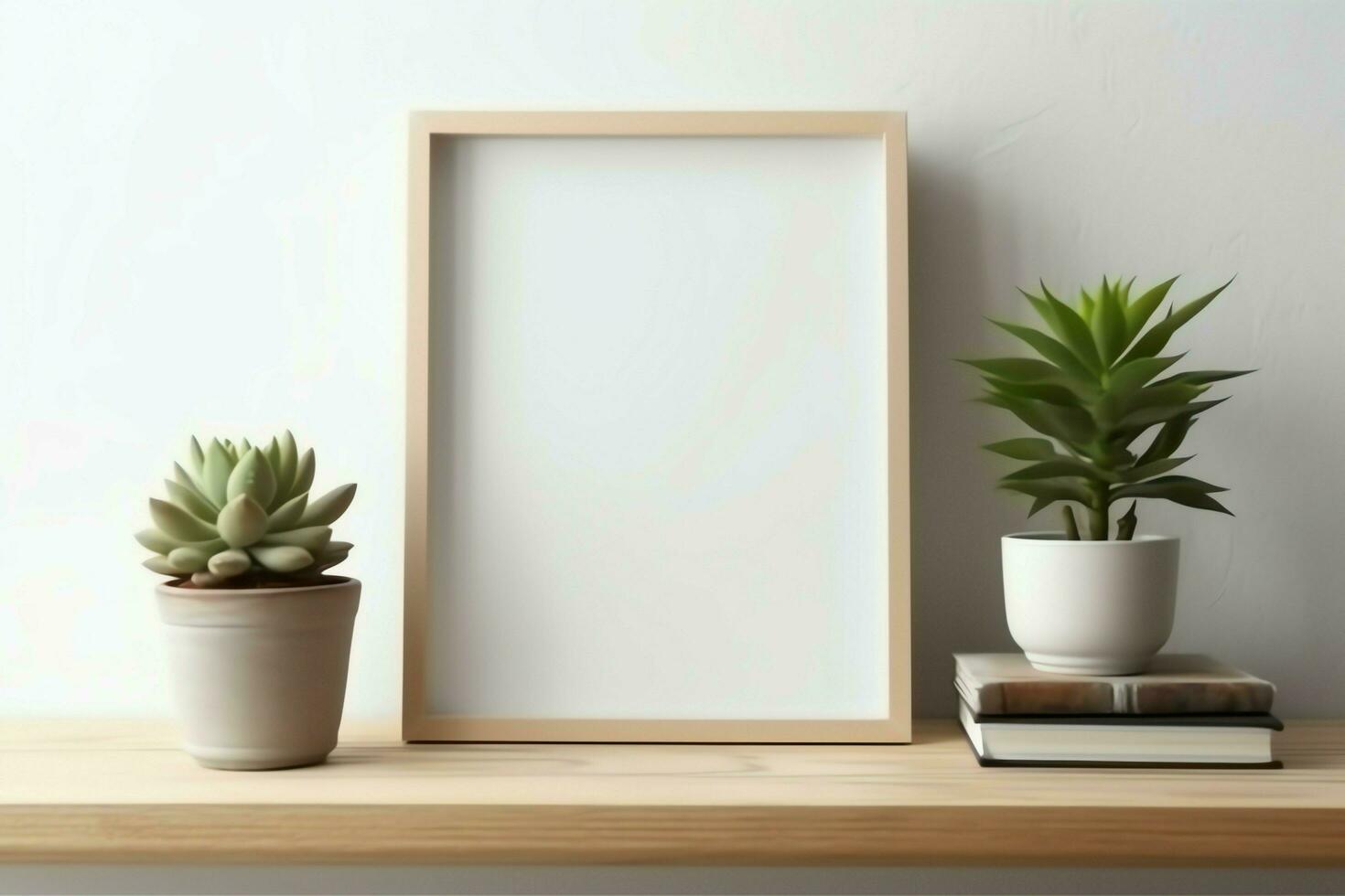 Frame mock up of blank picture standing on a shelf with succulent plant or cactus in scandinavian concept by AI Generated photo