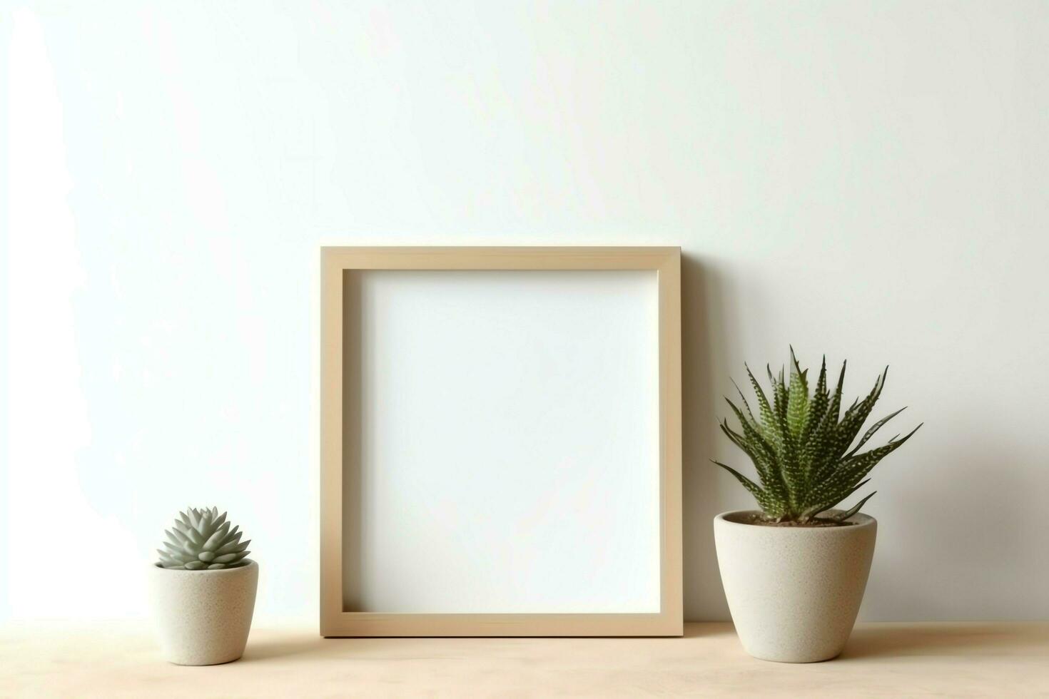 Frame mock up of blank picture standing on a shelf with succulent plant or cactus in scandinavian concept by AI Generated photo