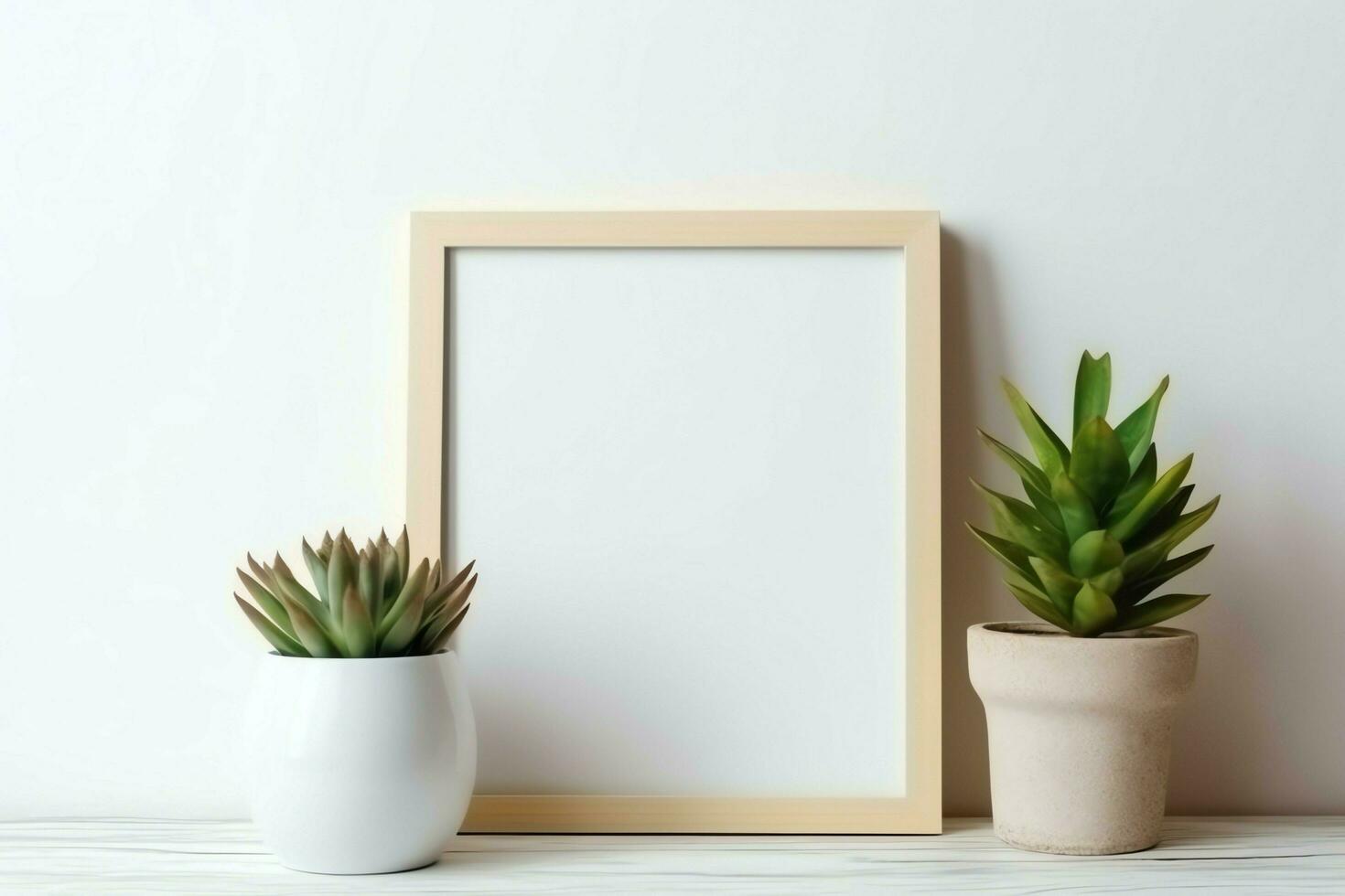 Frame mock up of blank picture standing on a shelf with succulent plant or cactus in scandinavian concept by AI Generated photo