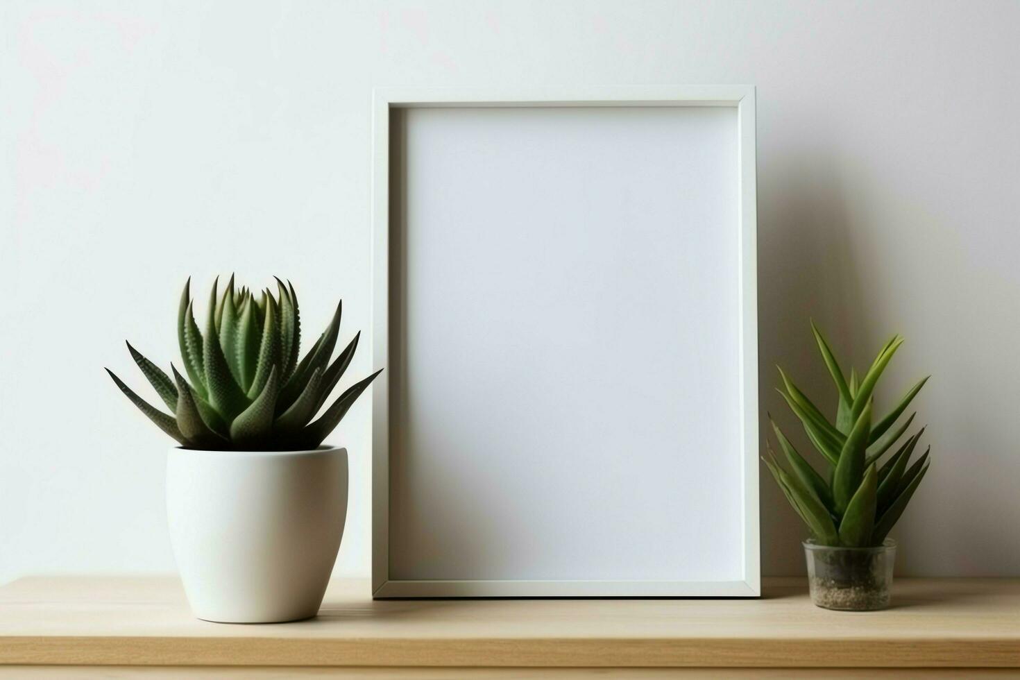 Frame mock up of blank picture standing on a shelf with succulent plant or cactus in scandinavian concept by AI Generated photo