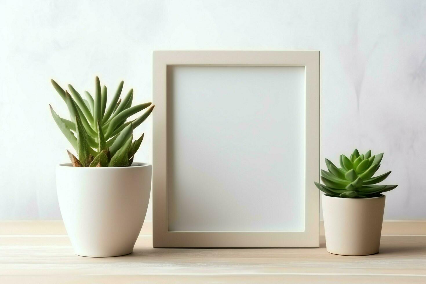 Frame mock up of blank picture standing on a shelf with succulent plant or cactus in scandinavian concept by AI Generated photo