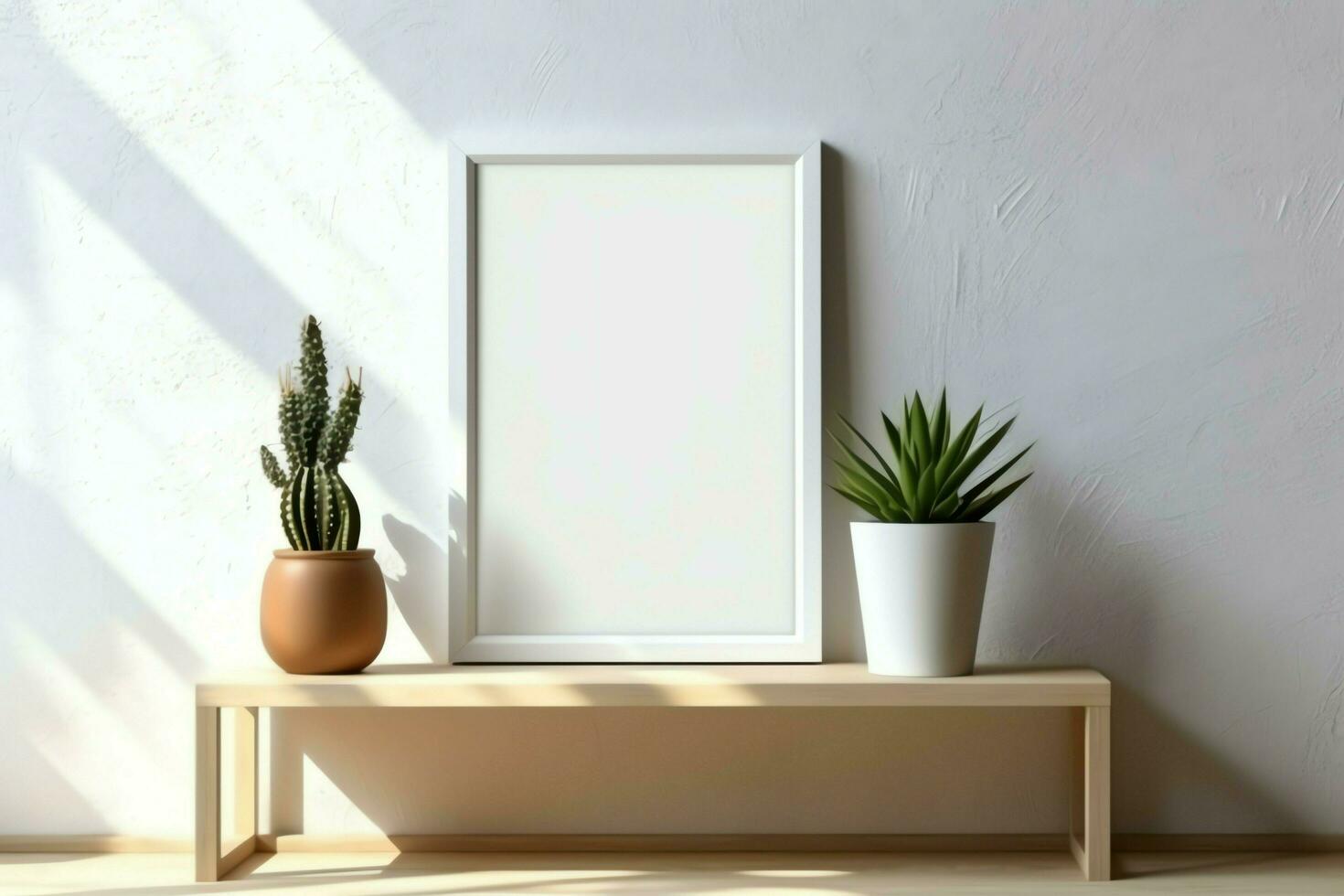 Frame mock up of blank picture standing on a shelf with succulent plant or cactus in scandinavian concept by AI Generated photo