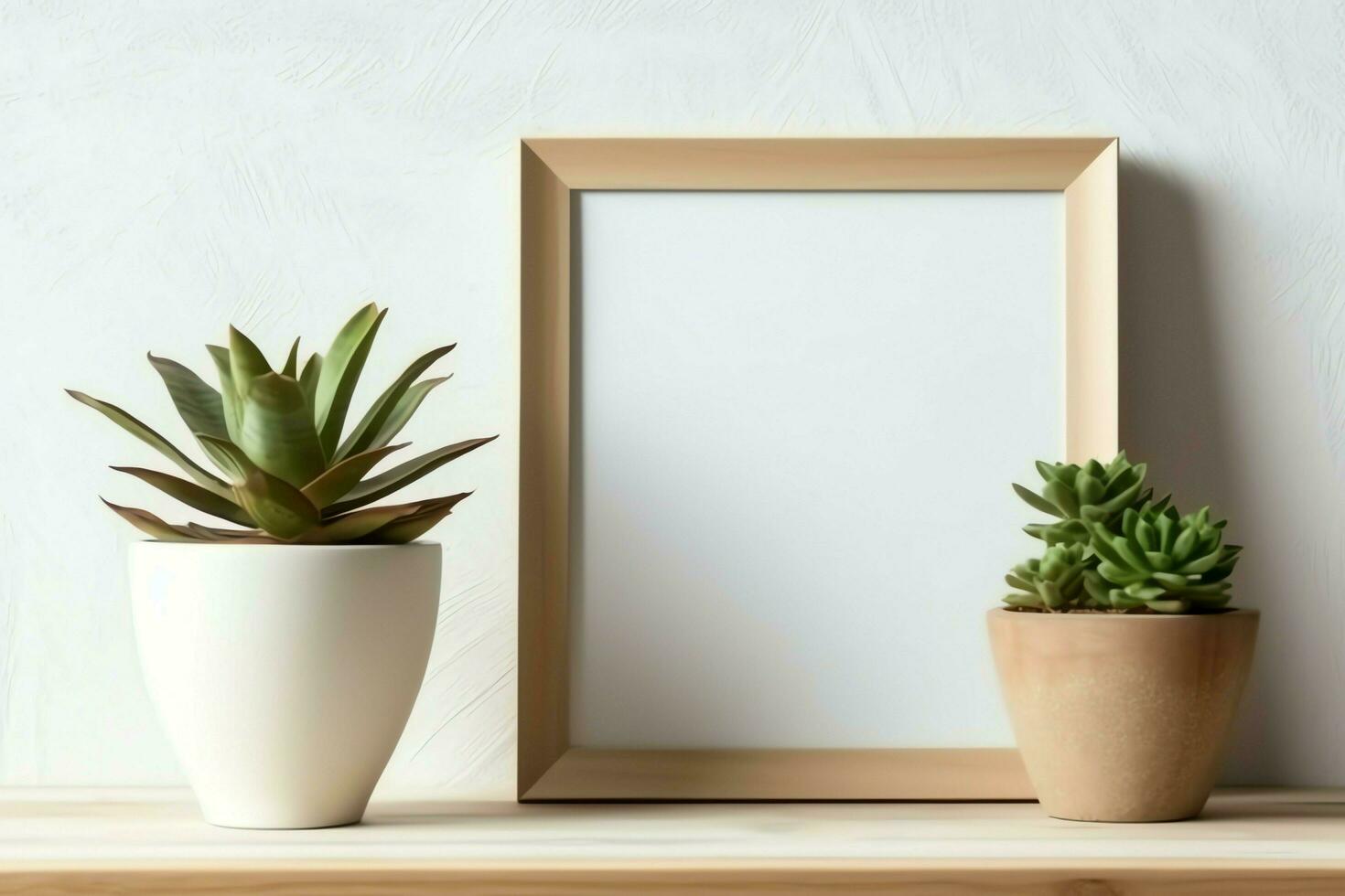 Frame mock up of blank picture standing on a shelf with succulent plant or cactus in scandinavian concept by AI Generated photo