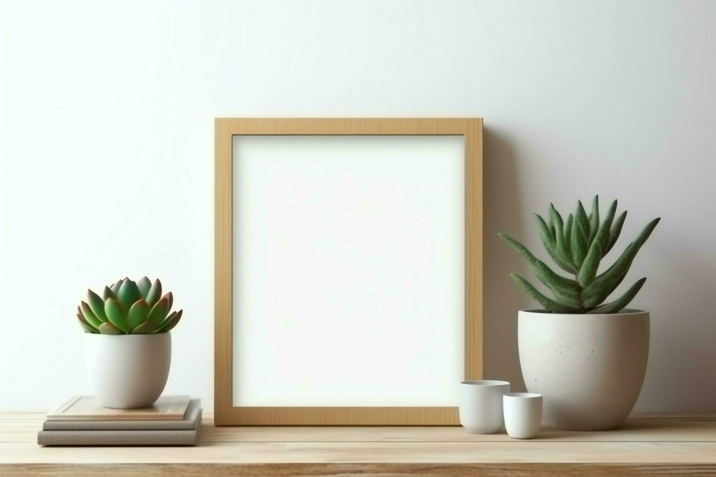 Frame mock up of blank picture standing on a shelf with succulent plant or cactus in scandinavian concept by AI Generated photo