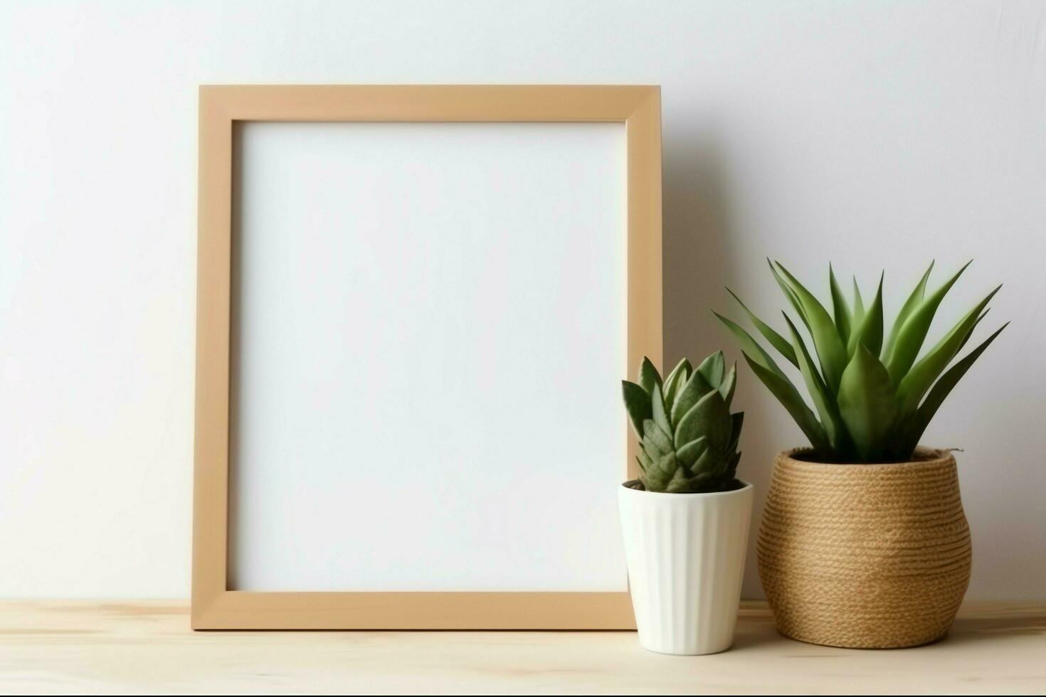 Frame mock up of blank picture standing on a shelf with succulent plant or cactus in scandinavian concept by AI Generated photo