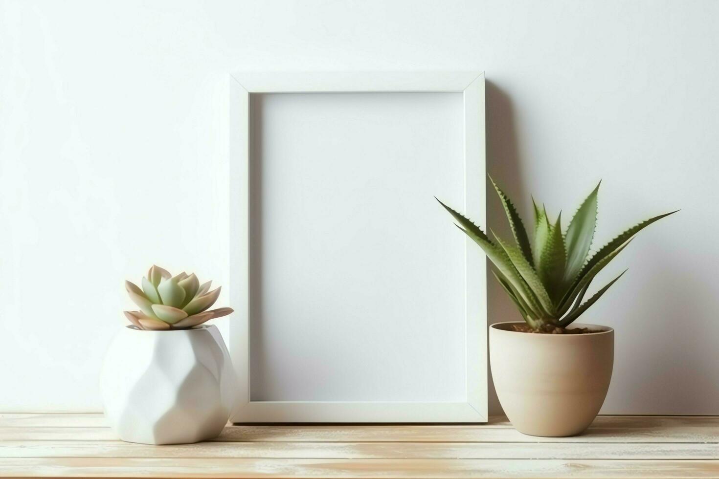 Frame mock up of blank picture standing on a shelf with succulent plant or cactus in scandinavian concept by AI Generated photo