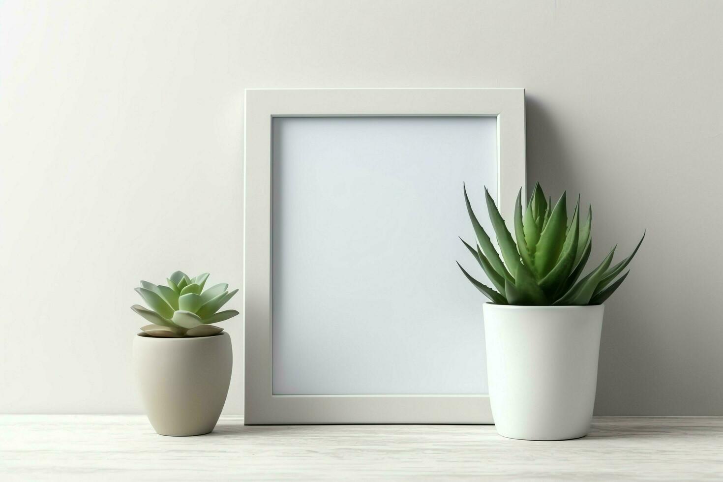 Frame mock up of blank picture standing on a shelf with succulent plant or cactus in scandinavian concept by AI Generated photo