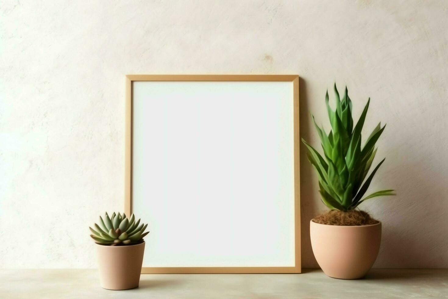 Frame mock up of blank picture standing on a shelf with succulent plant or cactus in scandinavian concept by AI Generated photo