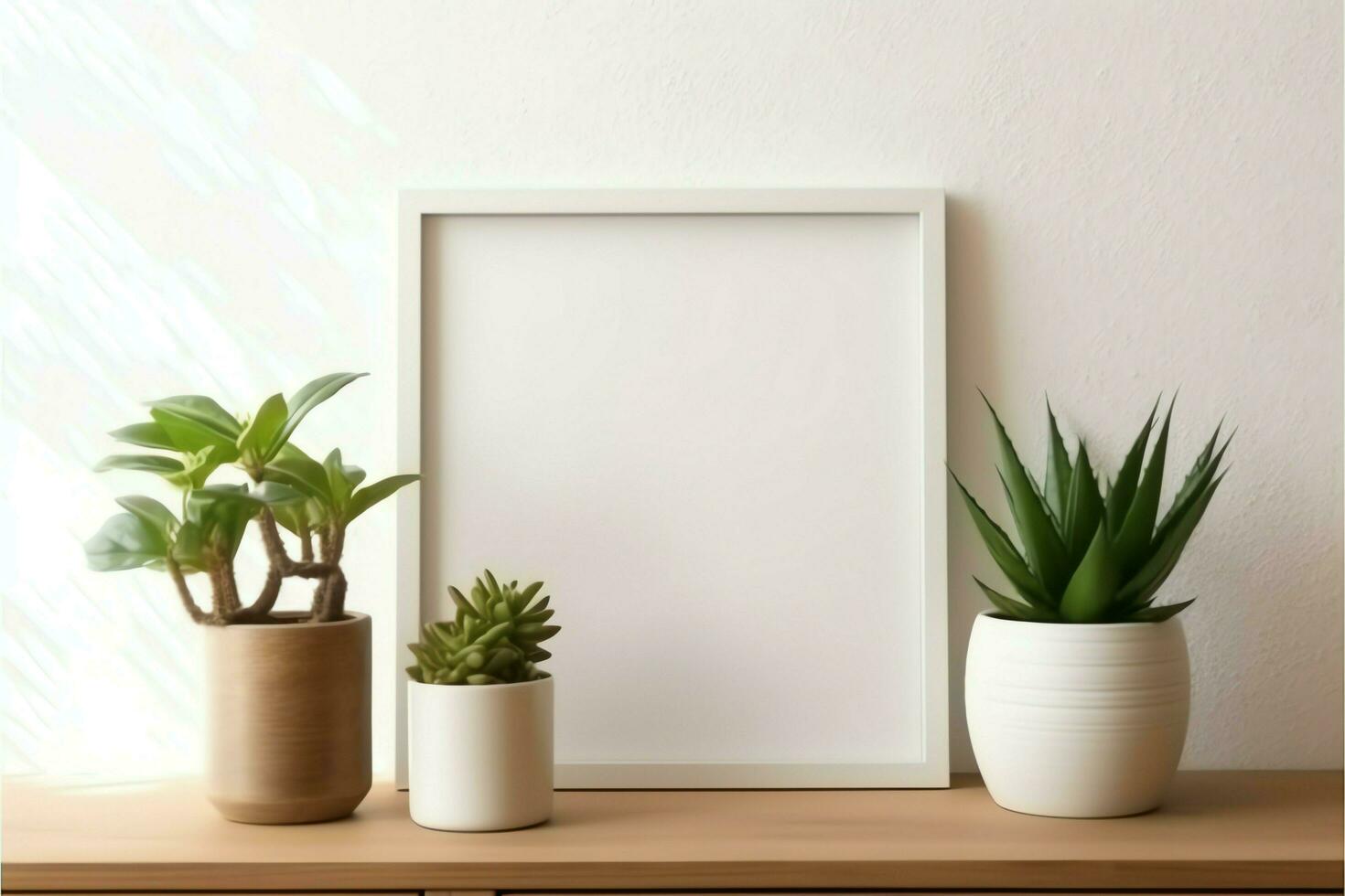 Frame mock up of blank picture standing on a shelf with succulent plant or cactus in scandinavian concept by AI Generated photo