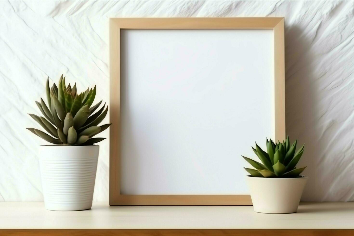 Frame mock up of blank picture standing on a shelf with succulent plant or cactus in scandinavian concept by AI Generated photo