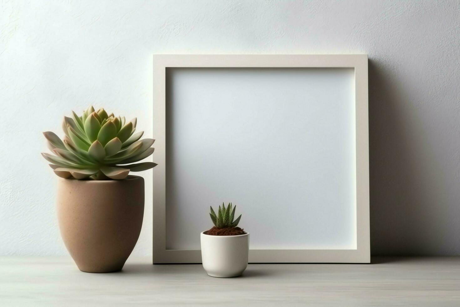 Frame mock up of blank picture standing on a shelf with succulent plant or cactus in scandinavian concept by AI Generated photo