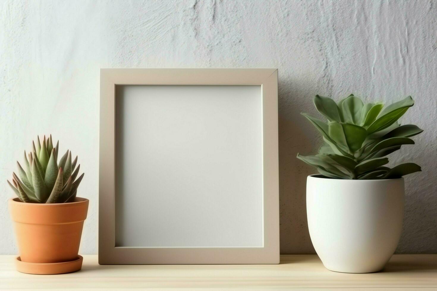 Frame mock up of blank picture standing on a shelf with succulent plant or cactus in scandinavian concept by AI Generated photo