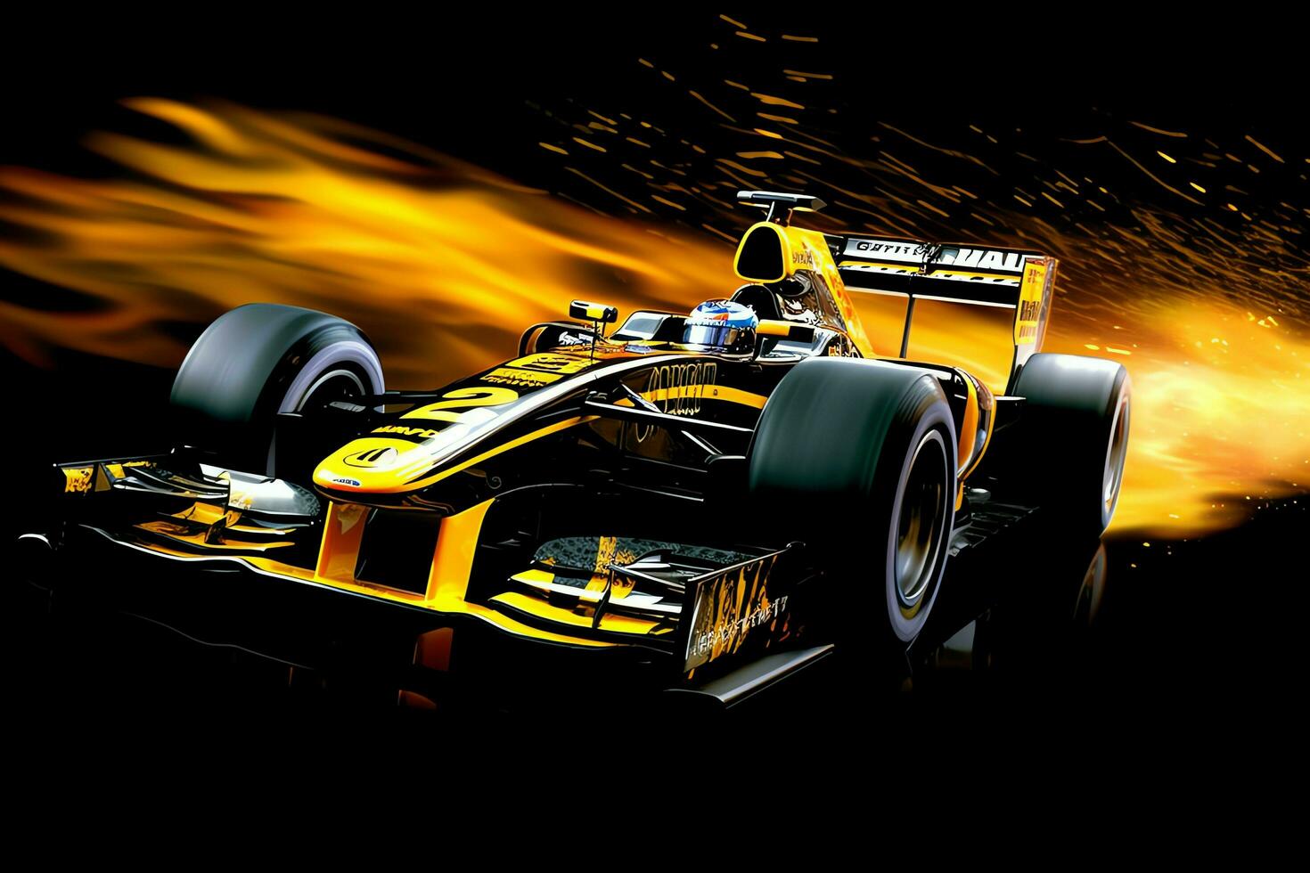 Fast racing car and pilot in formula one champion competitions with speed and flame. Motorsport car concept by AI Generated photo