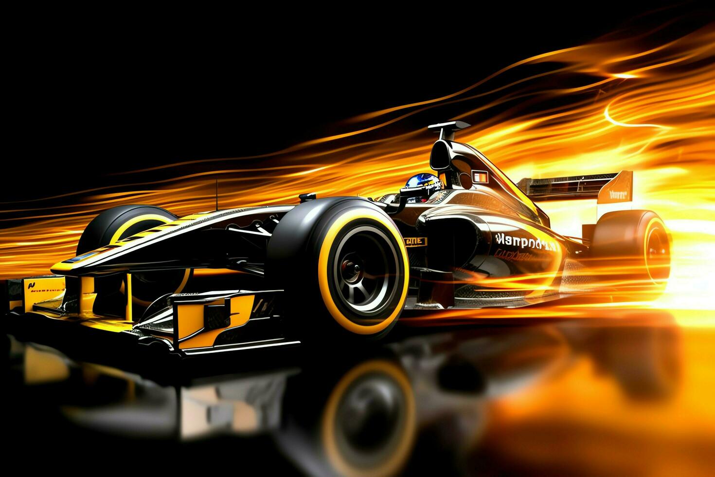 Fast racing car and pilot in formula one champion competitions with speed and flame. Motorsport car concept by AI Generated photo