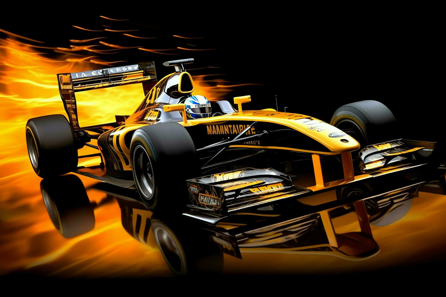 Fast racing car and pilot in formula one champion competitions with speed and flame. Motorsport car concept by AI Generated photo