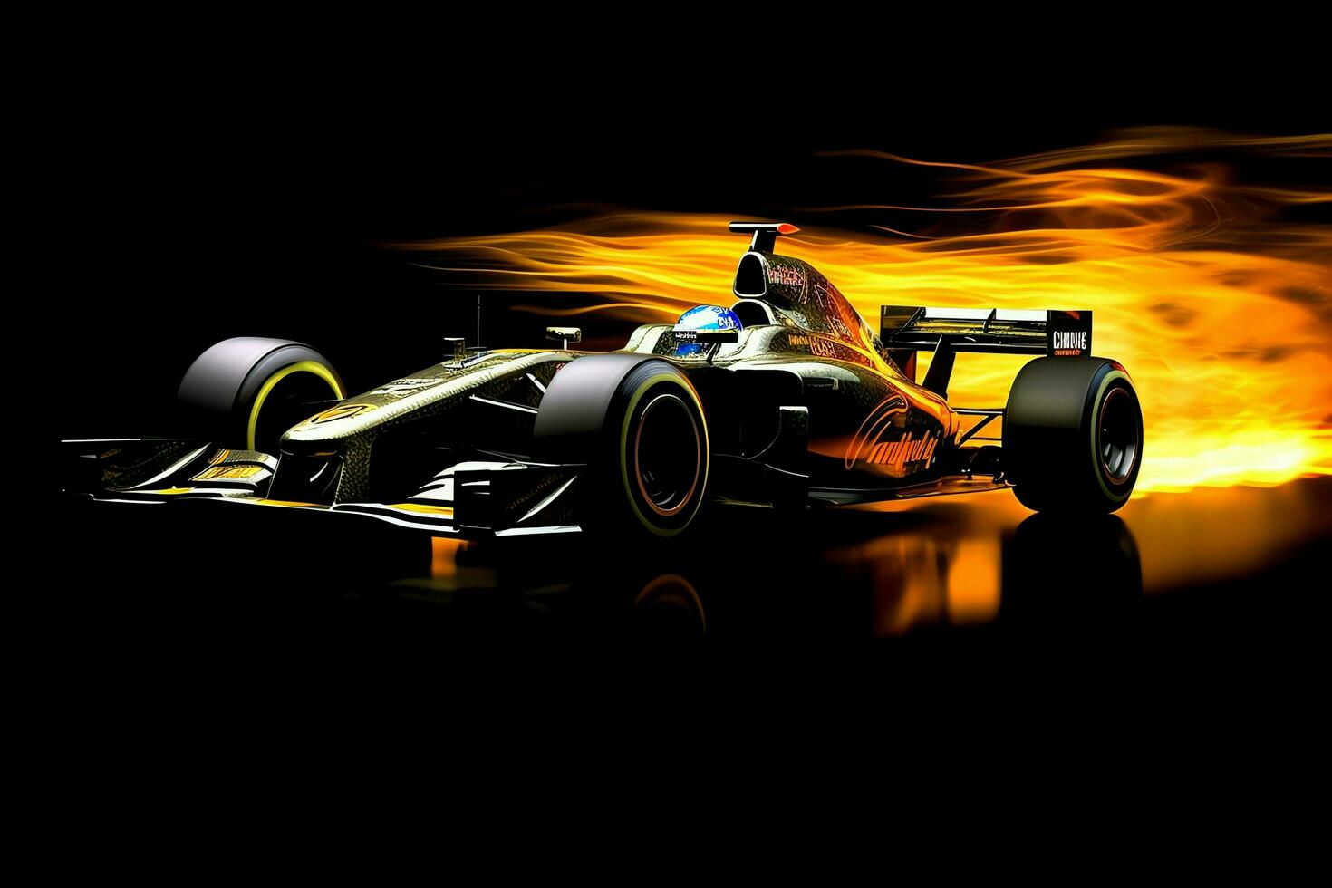 Fast racing car and pilot in formula one champion competitions with speed and flame. Motorsport car concept by AI Generated photo