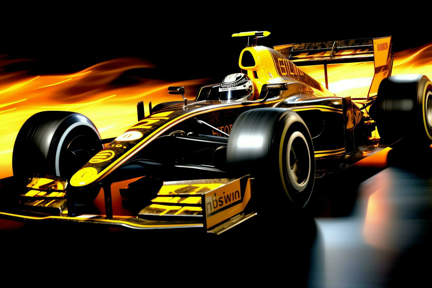 Fast racing car and pilot in formula one champion competitions with speed and flame. Motorsport car concept by AI Generated photo