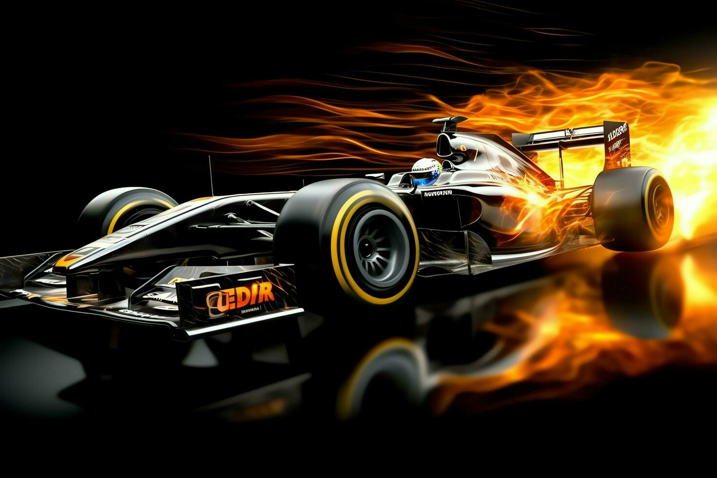 Fast racing car and pilot in formula one champion competitions with speed and flame. Motorsport car concept by AI Generated photo