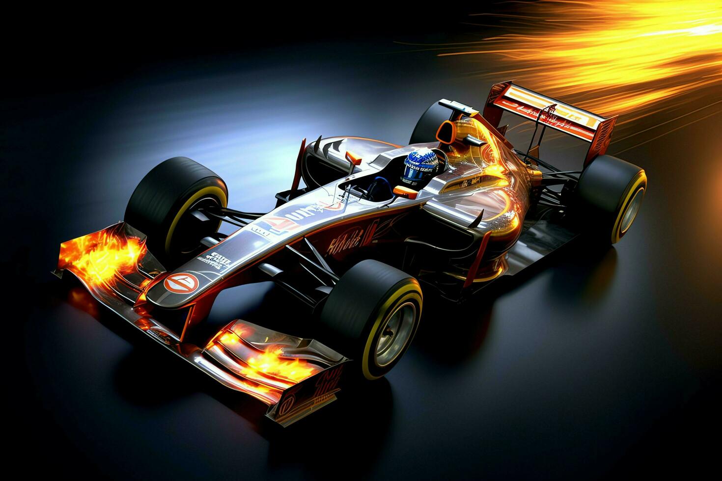 Fast racing car and pilot in formula one champion competitions with speed and flame. Motorsport car concept by AI Generated photo