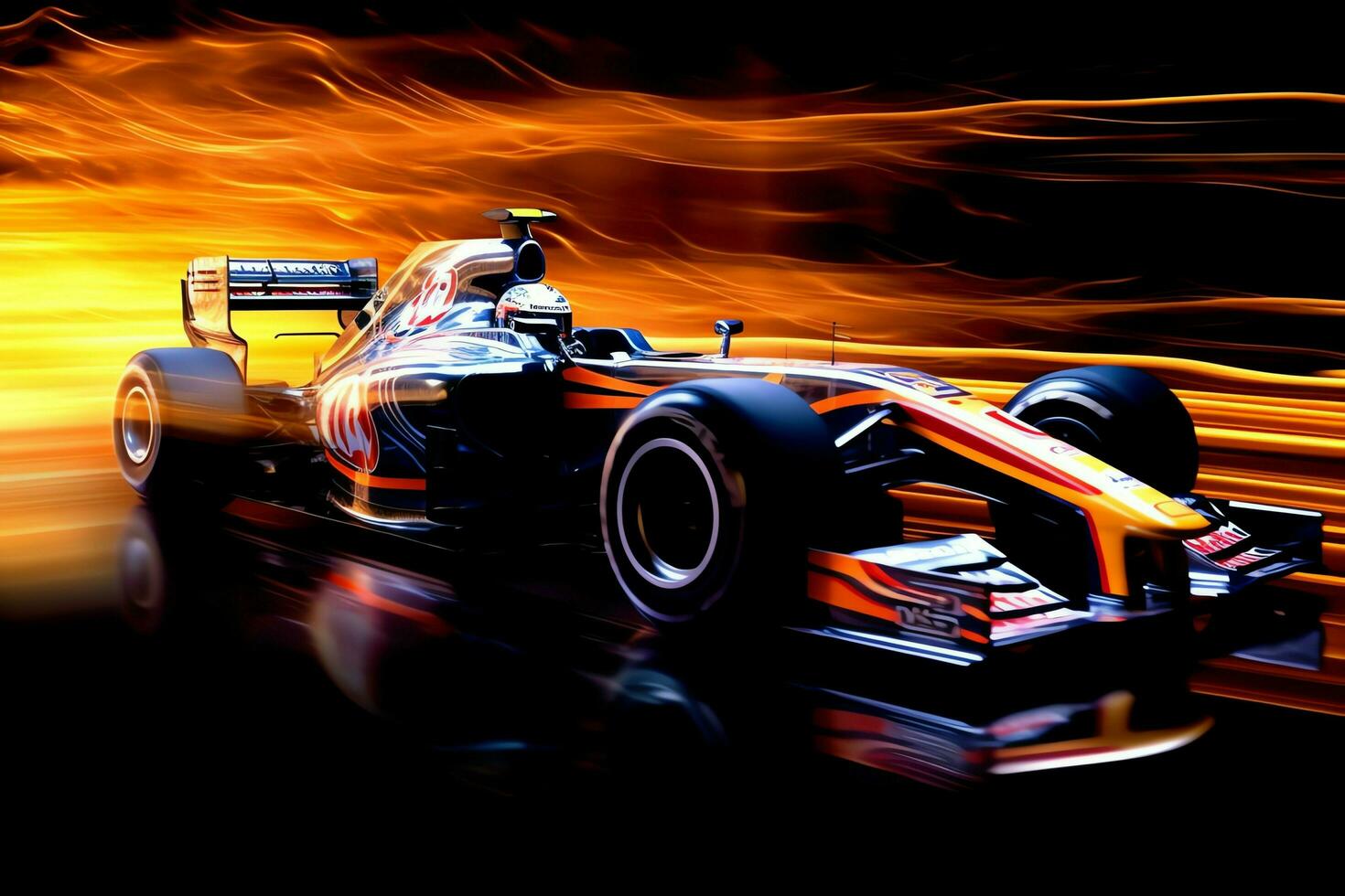 Fast racing car and pilot in formula one champion competitions with speed and flame. Motorsport car concept by AI Generated photo