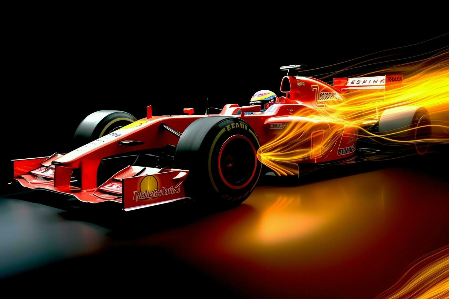 Fast racing car and pilot in formula one champion competitions with speed and flame. Motorsport car concept by AI Generated photo