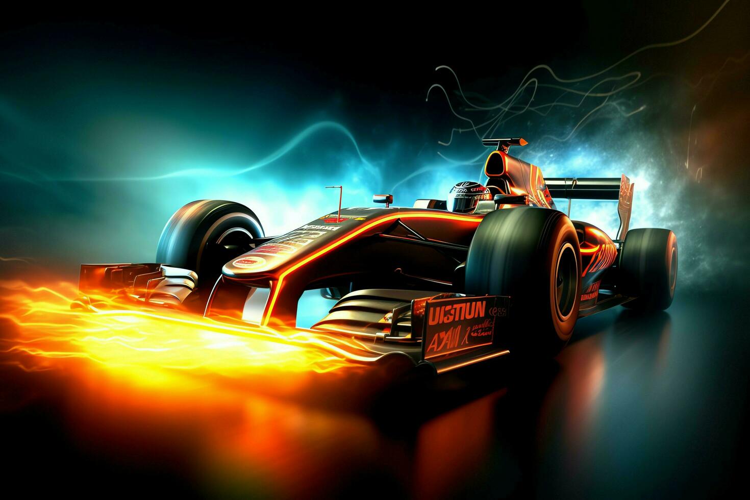 Fast racing car and pilot in formula one champion competitions with speed and flame. Motorsport car concept by AI Generated photo