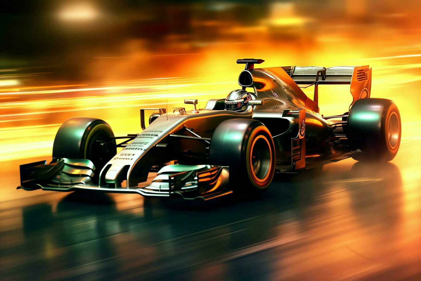 Fast racing car and pilot in formula one champion competitions with speed and flame. Motorsport car concept by AI Generated photo