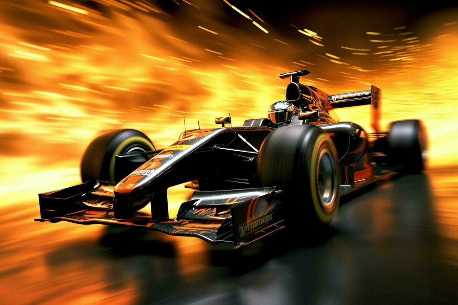 Fast racing car and pilot in formula one champion competitions with speed and flame. Motorsport car concept by AI Generated photo