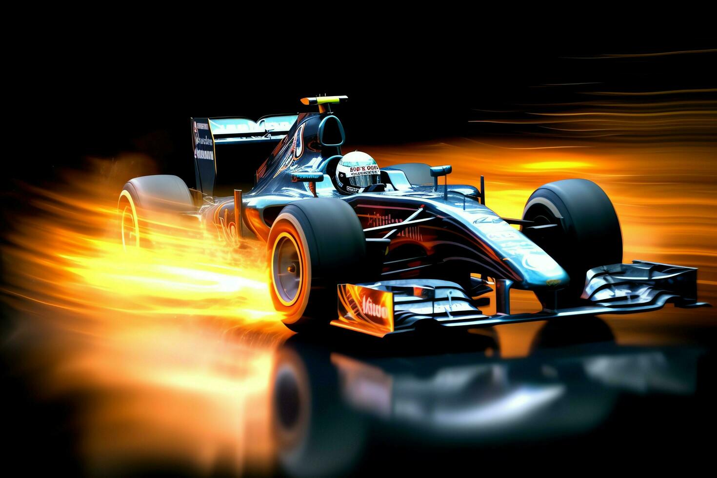 Fast racing car and pilot in formula one champion competitions with speed and flame. Motorsport car concept by AI Generated photo