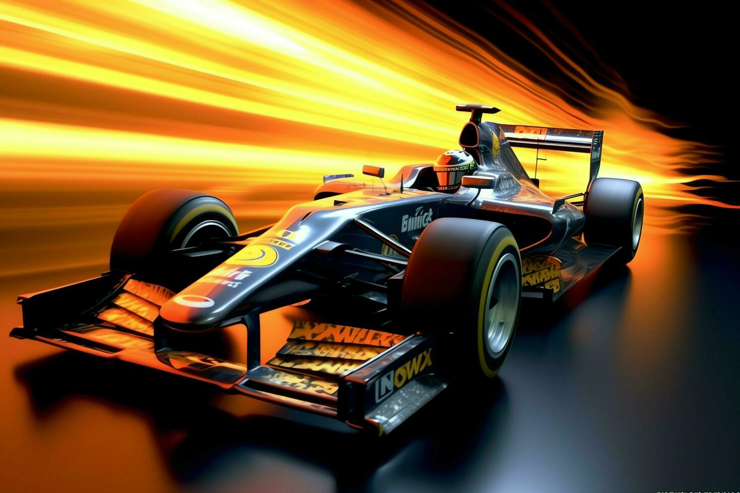 Fast racing car and pilot in formula one champion competitions with speed and flame. Motorsport car concept by AI Generated photo