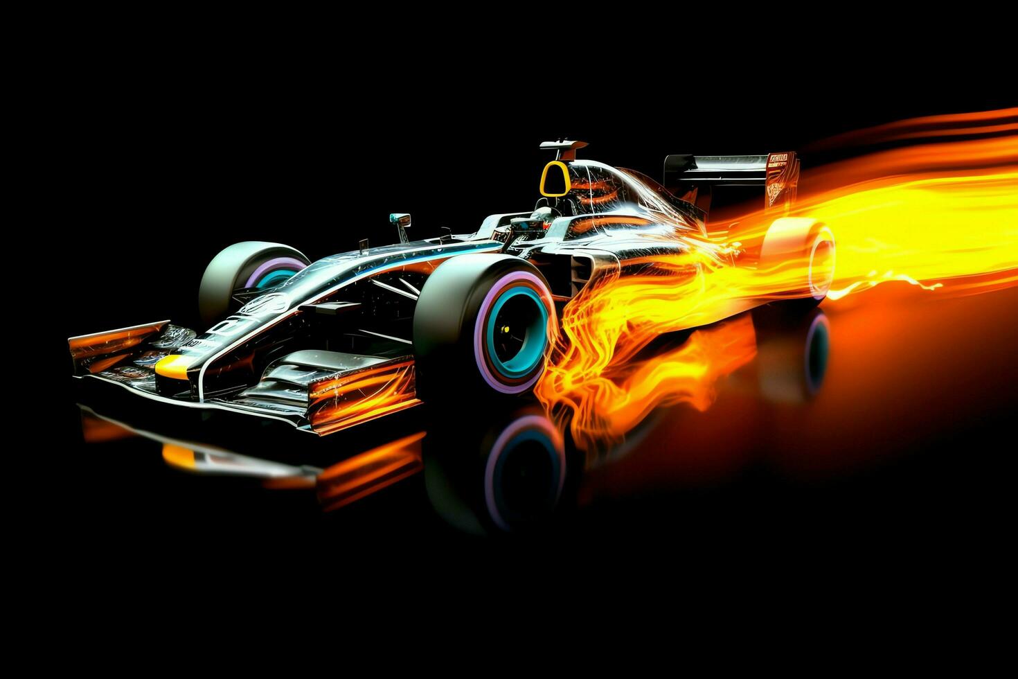 Fast racing car and pilot in formula one champion competitions with speed and flame. Motorsport car concept by AI Generated photo