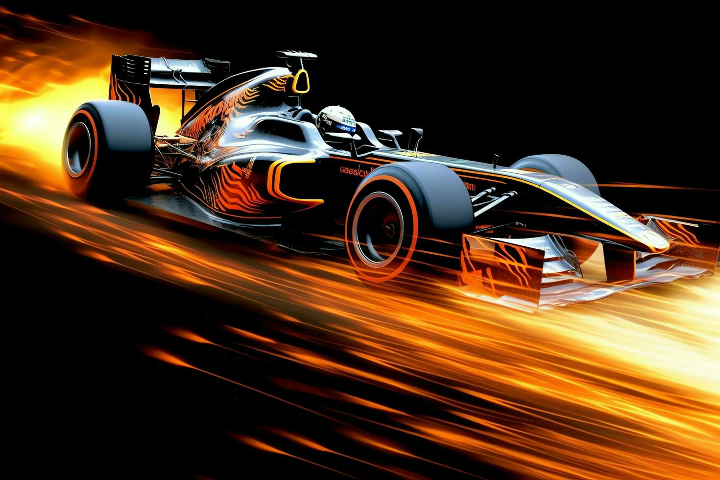 Fast racing car and pilot in formula one champion competitions with speed and flame. Motorsport car concept by AI Generated photo