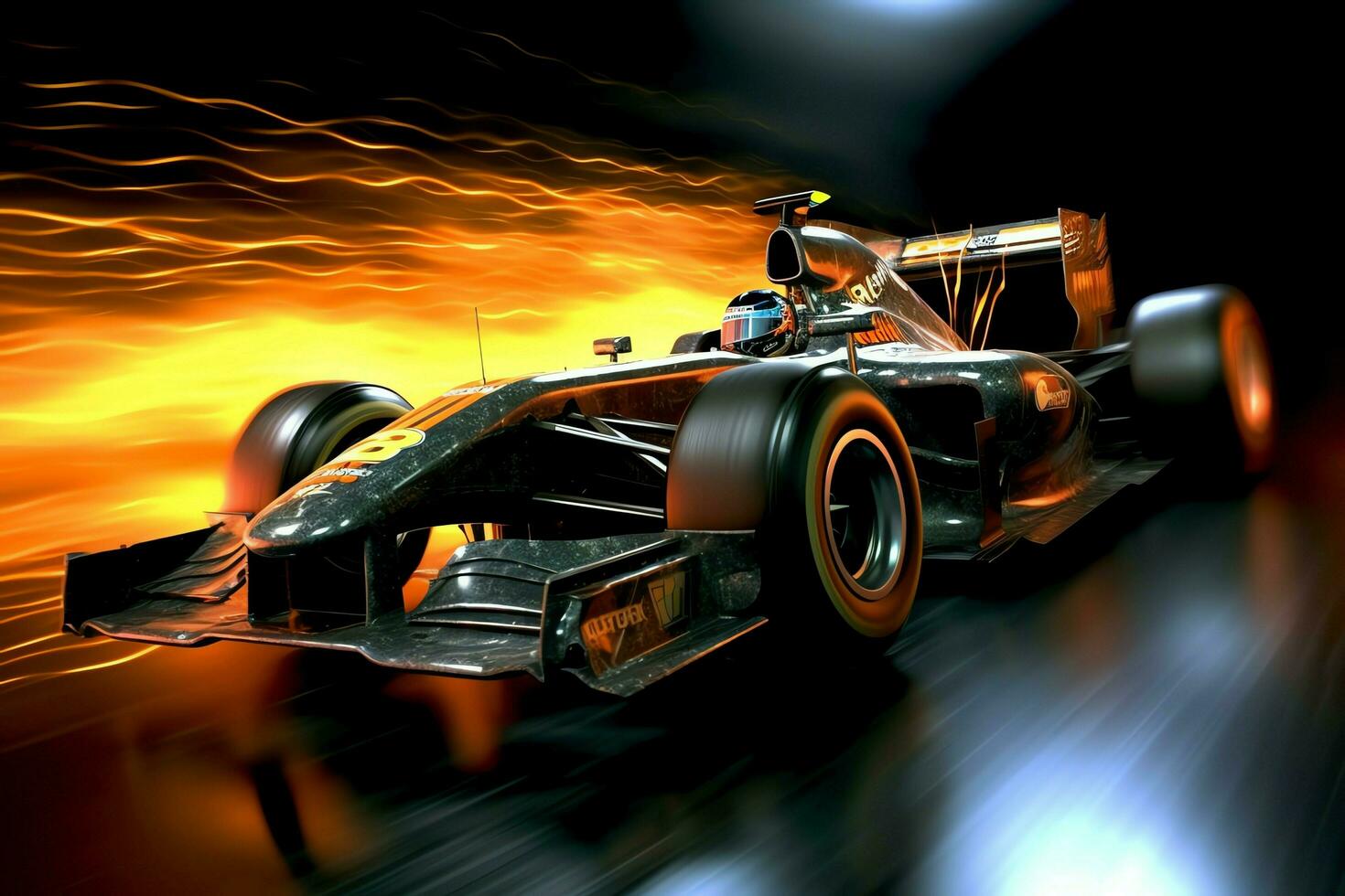 Fast racing car and pilot in formula one champion competitions with speed and flame. Motorsport car concept by AI Generated photo