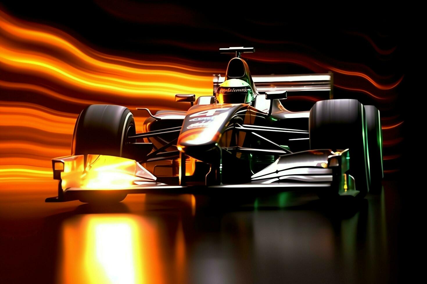 Fast racing car and pilot in formula one champion competitions with speed and flame. Motorsport car concept by AI Generated photo