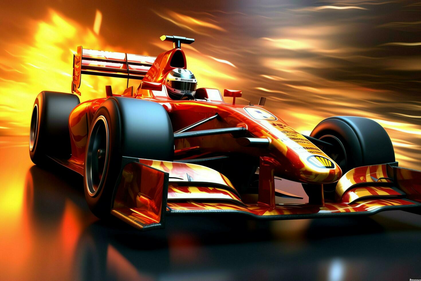 Fast racing car and pilot in formula one champion competitions with speed and flame. Motorsport car concept by AI Generated photo