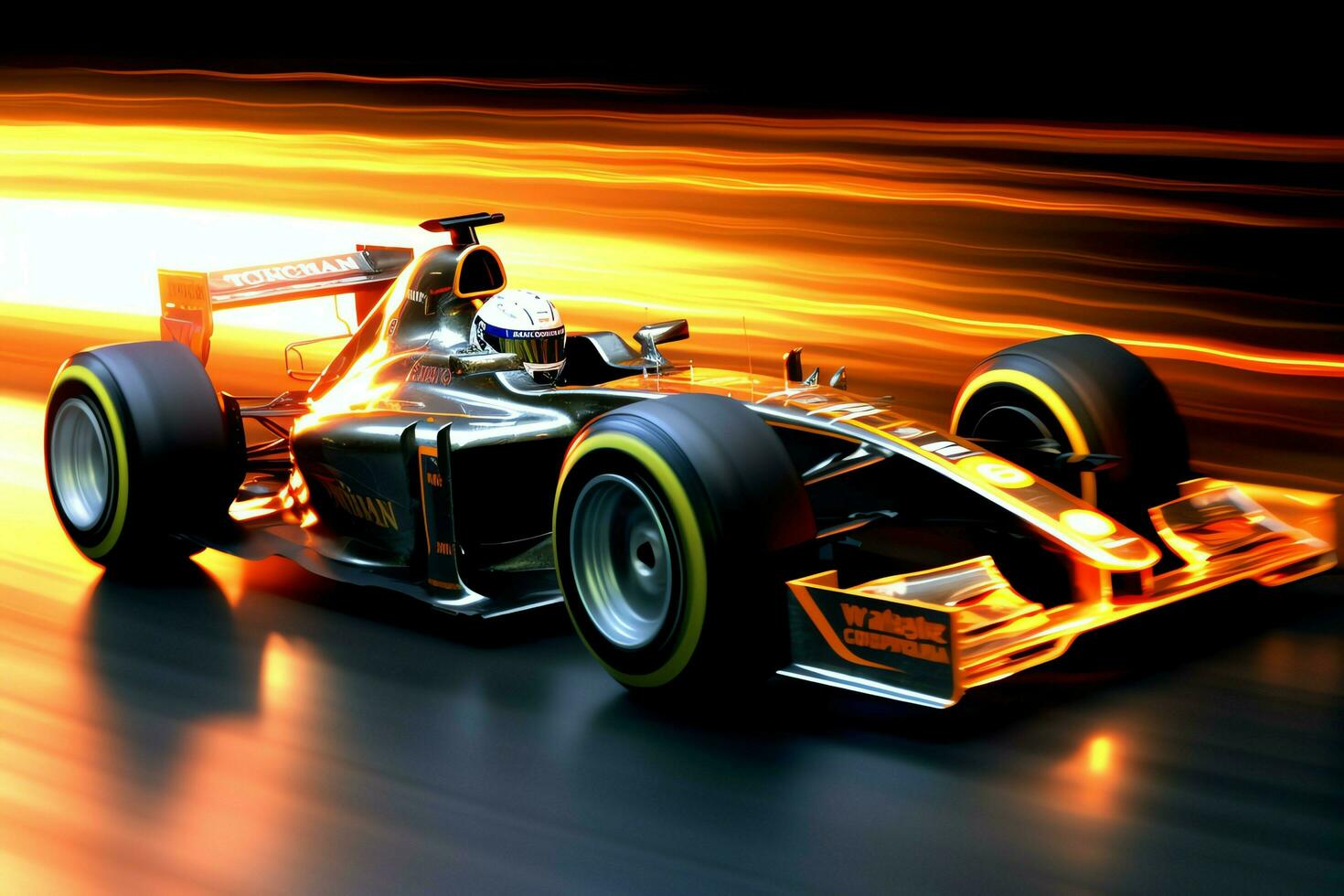 Fast racing car and pilot in formula one champion competitions with speed and flame. Motorsport car concept by AI Generated photo