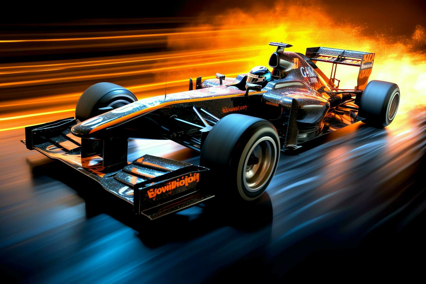 Fast racing car and pilot in formula one champion competitions with speed and flame. Motorsport car concept by AI Generated photo