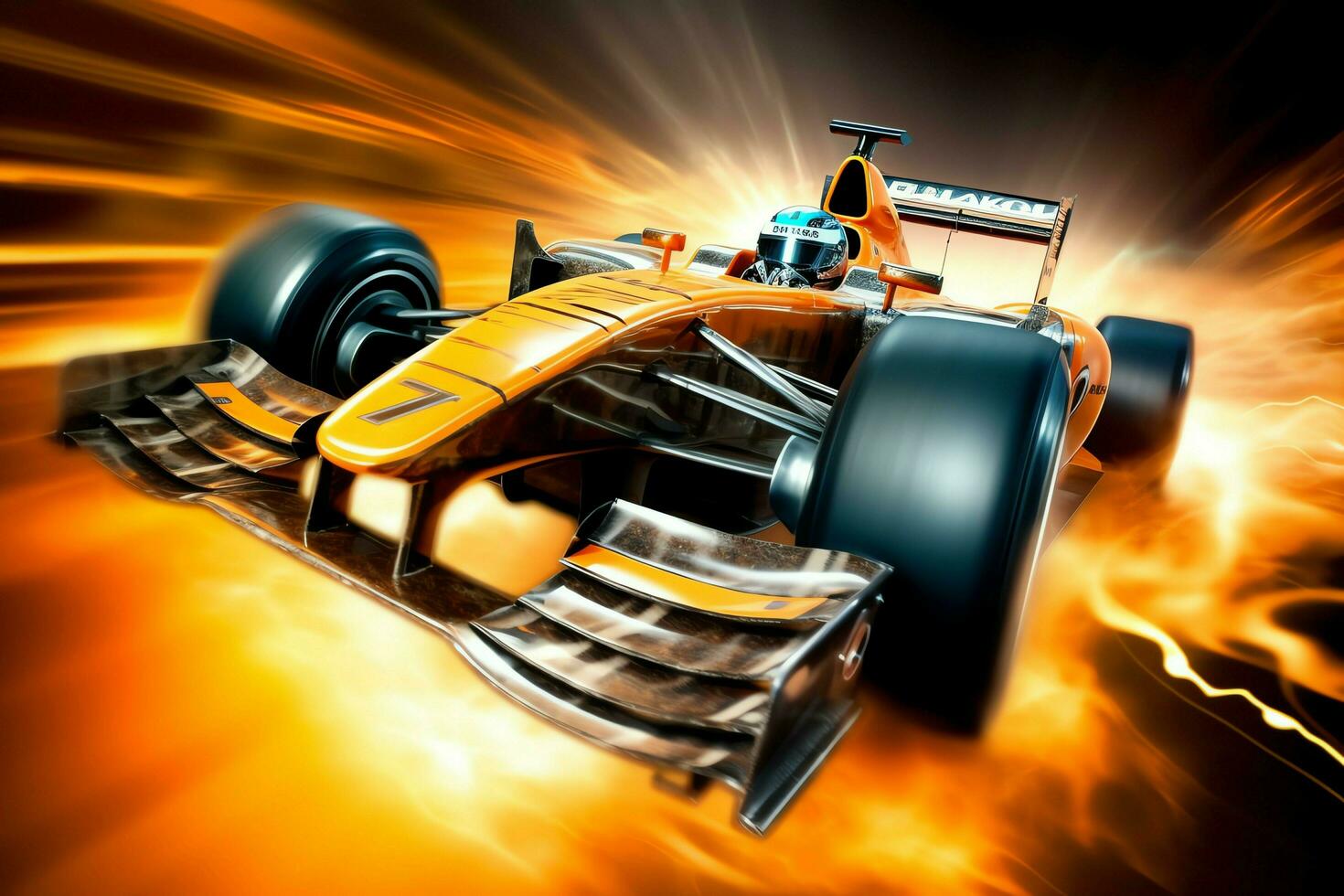 Fast racing car and pilot in formula one champion competitions with speed and flame. Motorsport car concept by AI Generated photo