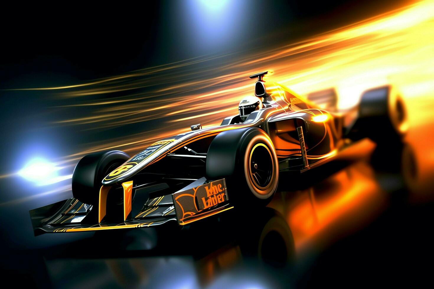 Fast racing car and pilot in formula one champion competitions with speed and flame. Motorsport car concept by AI Generated photo