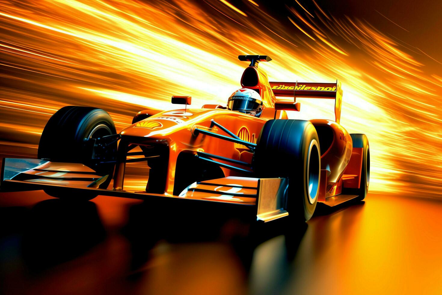 Fast racing car and pilot in formula one champion competitions with speed and flame. Motorsport car concept by AI Generated photo