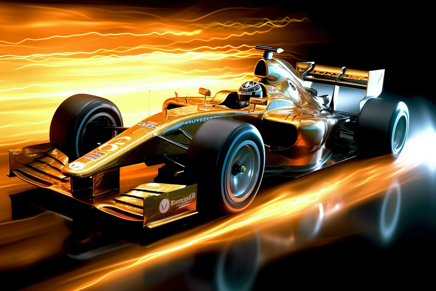 Fast racing car and pilot in formula one champion competitions with speed and flame. Motorsport car concept by AI Generated photo