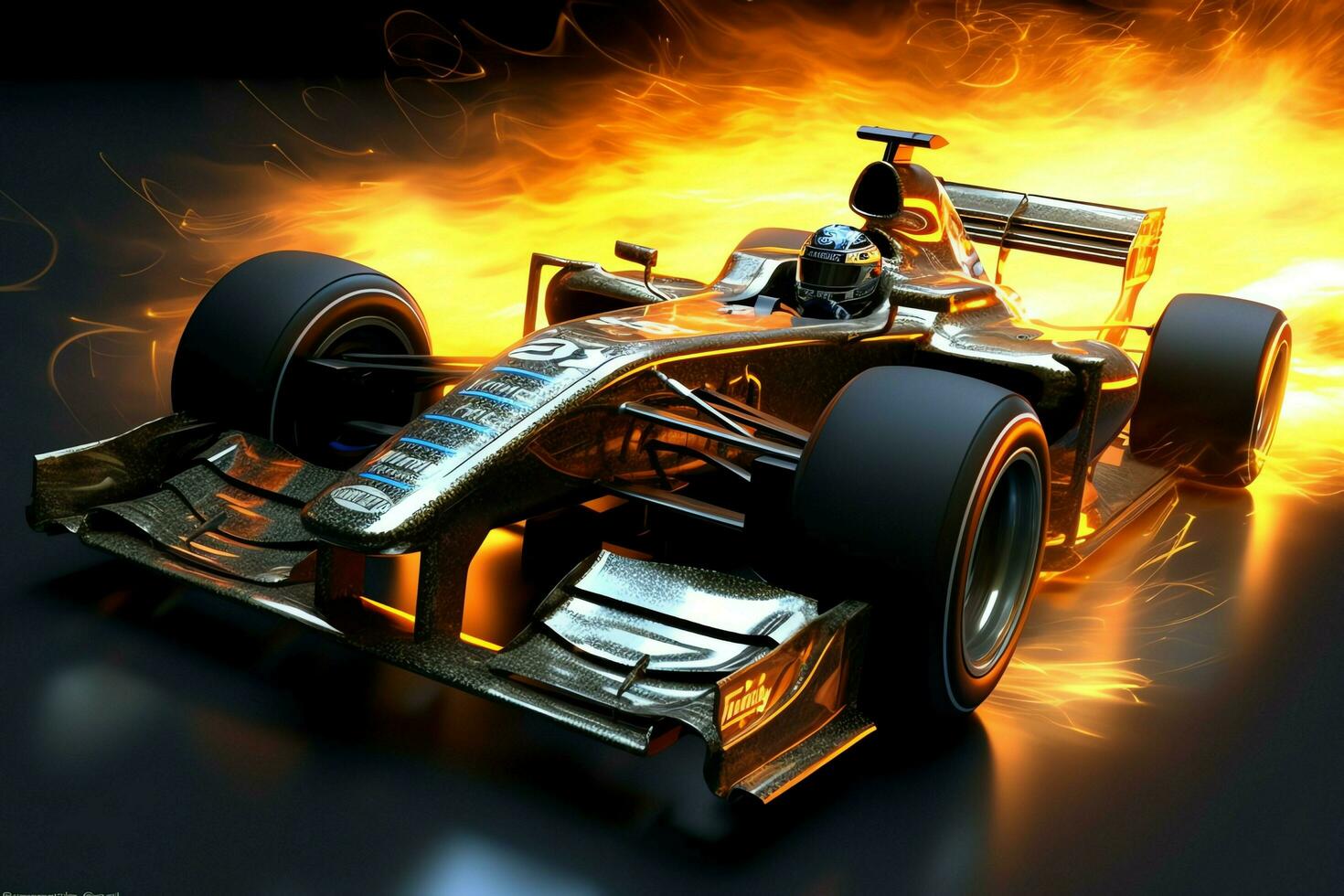 Fast racing car and pilot in formula one champion competitions with speed and flame. Motorsport car concept by AI Generated photo